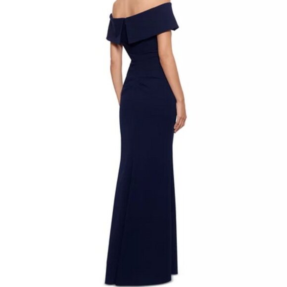 Xscape Midnight Navy Blue Ruched Off the Shoulder Crepe Gown - Picture 2 of 2